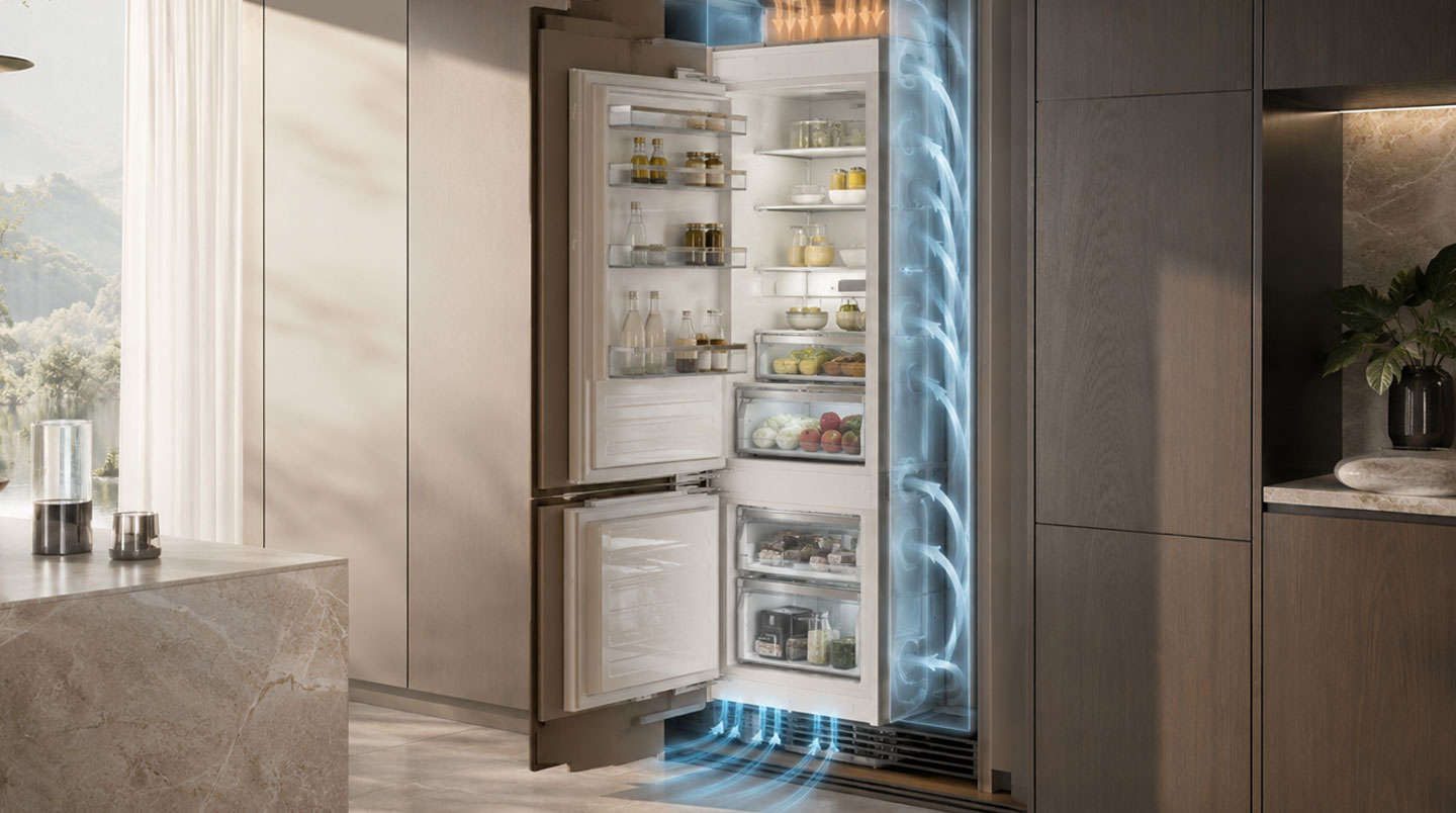 Vue en coupe schématique d'une niche de cuisine montrant les lames d'air nécessaires autour d'un réfrigérateur encastrable, flèches indiquant la circulation thermique