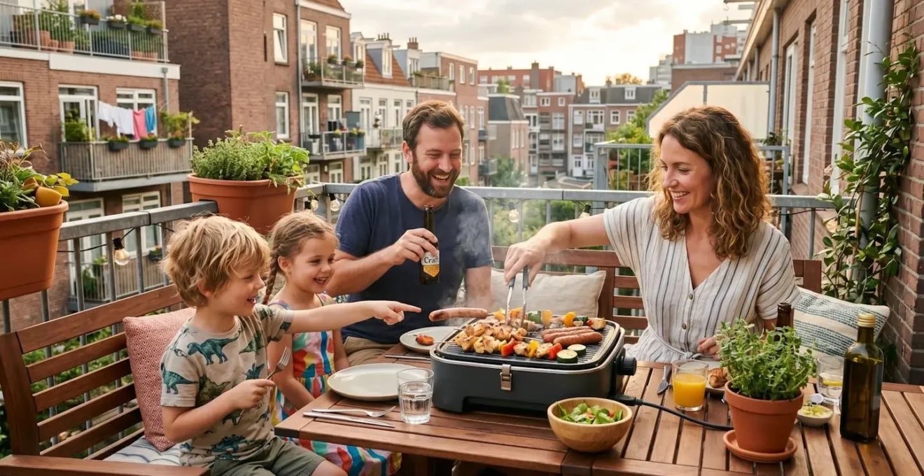 Famille utilisant un barbecue électrique sur une terrasse urbaine lors d'un repas convivial