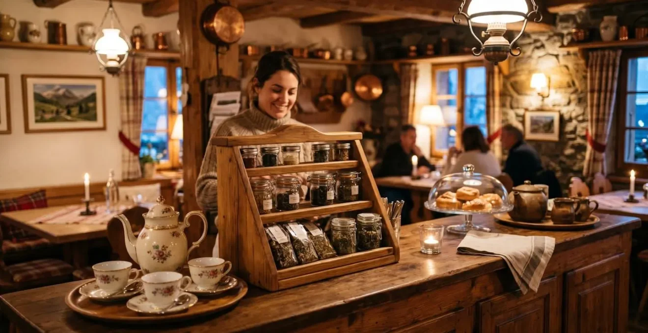 Intérieur d'un restaurant suisse romand avec une carte des thés originale présentée sur un présentoir en bois