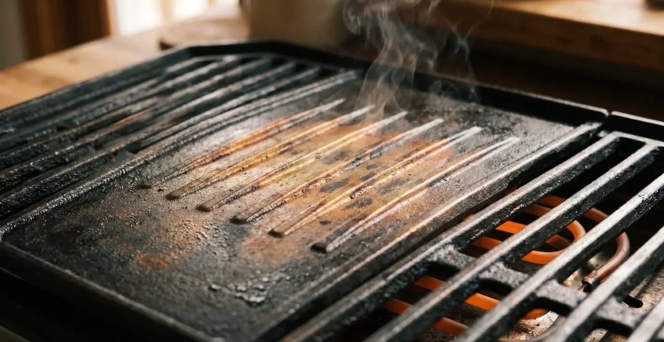 Grille d'un barbecue électrique en phase de préchauffage avec des marques de cuisson visibles