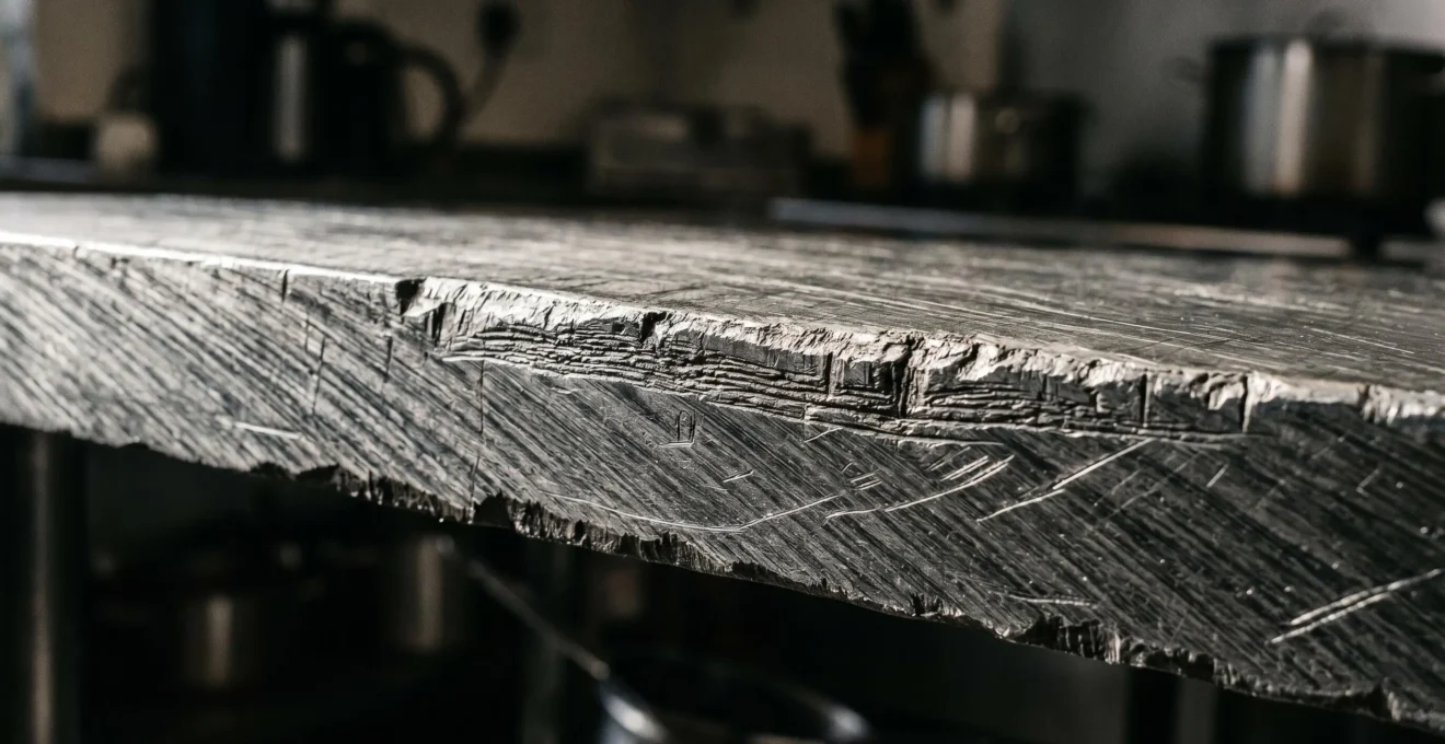 Gros plan macro sur tranche d'un plan de travail en inox brossé professionnel montrant texture striée, micro-rayures d'usage et relief de la surface métallique patinée mais structurellement intacte, éclairage rasant