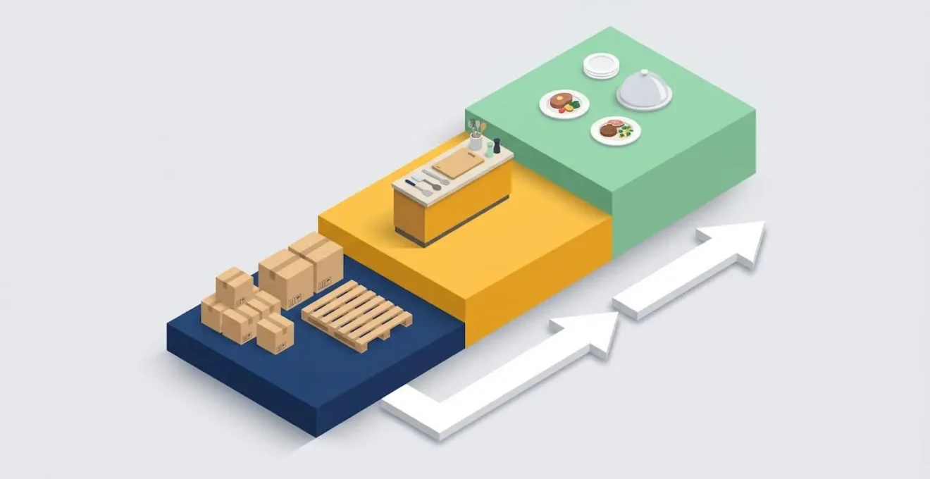 Illustration isométrique en trois plateformes colorées (bleu, jaune, vert) reliées par une flèche blanche unidirectionnelle montrant la progression linéaire : cartons de livraison, plan de travail avec ustensiles, assiettes dressées
