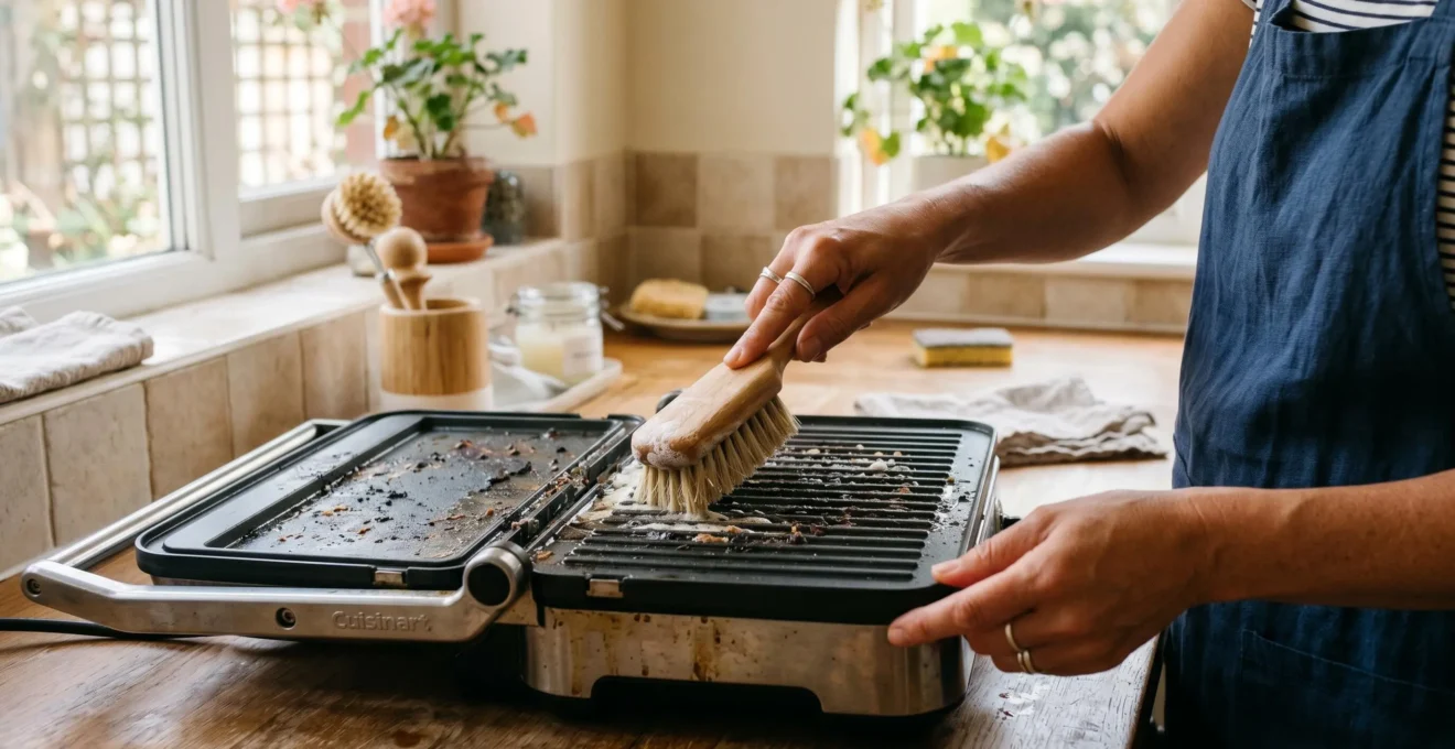 Nettoyage d'une grille de barbecue électrique avec une brossette douce après utilisation