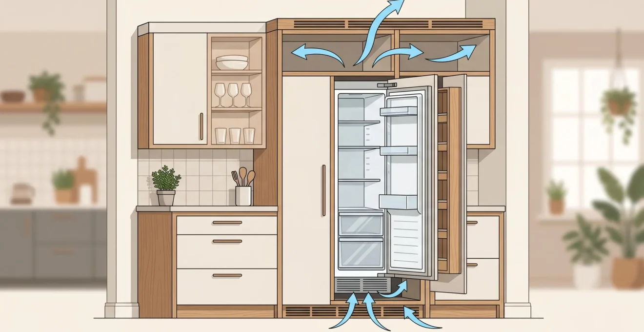Vue en coupe schématique d'une niche de cuisine montrant les lames d'air nécessaires autour d'un réfrigérateur encastrable, flèches indiquant la circulation thermique