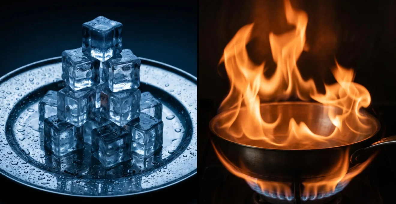 Photographie split-screen verticale contrastée : moitié gauche montre glaçons sur inox avec éclairage bleu froid, moitié droite montre flammes de brûleur professionnel avec éclairage orangé chaud, séparés par ligne nette centrale
