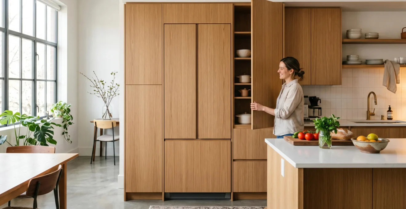 Réfrigérateur encastrable intégré dans une cuisine contemporaine avec façade bois, porte fermée, éclairage doux chaleureux