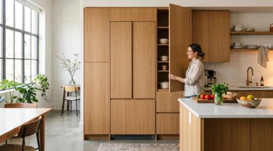 Réfrigérateur encastrable intégré dans une cuisine contemporaine avec façade bois, porte fermée, éclairage doux chaleureux